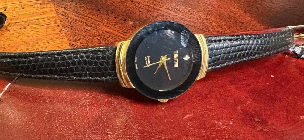 Women's Gold Tone Manhattan Diamond Watch, Black Face and Bezel, Leather Band